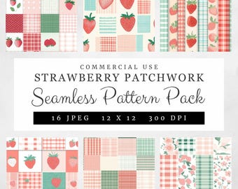 Strawberry Patchwork Digital Paper, 16 Seamless Quilt-Inspired Patterns, Pink & Teal Watercolor, High-Resolution 300 DPI, Commercial Use