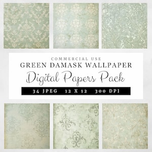 Groen damast behang digitaal papierpakket, 34 Aged Sage Green Digital Papers, Grungy Vintage Crackled Wallpaper, 12 x 12", 300 DPI