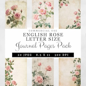 Englische Rose Journal Seiten, 20 Vintage Junk Journal Papiere, gealterte Schrift & florale Seiten | 8.5x11"Letter Size | Digitaler Download, 300 DPI