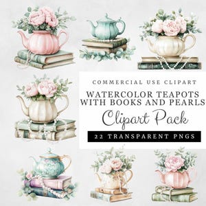 May include: A set of watercolor clipart featuring teapots with books and pearls. The teapots are decorated with flowers and are in various colors, including pink, blue, and white. The books are stacked and have a vintage look. The pearls are strung together and add a touch of elegance to the design.  COMMERCIAL USE CLIPART WATERCOLOR TEAPOTS WITH BOOKS AND PEARLS Clipart Pack 22 TRANSPARENT PNGS