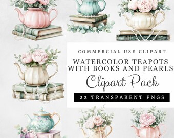 May include: A set of watercolour clipart featuring teapots with books and pearls. The teapots are decorated with flowers and are in various colours, including pink, blue, and white. The books are stacked and have a vintage look. The pearls are strung together and add a touch of elegance to the design.  COMMERCIAL USE CLIPART WATERCOLOUR TEAPOTS WITH BOOKS AND PEARLS Clipart Pack 22 TRANSPARENT PNGS