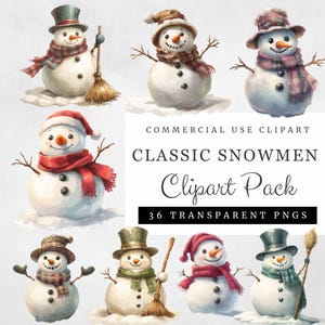 Klassieke aquarel sneeuwpoppen clipartpakket 36 transparante png-bestanden sneeuwpop met hoeden, sjaals en bezems winter digitale download voor commercieel gebruik