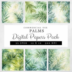 May include: A digital paper pack featuring 35 watercolor palm leaf designs. The designs are in shades of green and yellow and are perfect for creating tropical-themed projects.