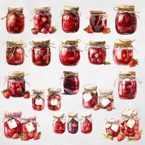 May include: A collection of 20 watercolor illustrations of jars filled with red jam or jelly. The jars are decorated with twine and have a rustic, vintage look. Some jars have strawberries on top.