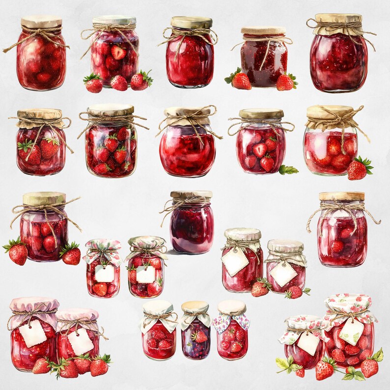 May include: A collection of 20 watercolor illustrations of jars filled with red jam or jelly. The jars are decorated with twine and have a rustic, vintage look. Some jars have strawberries on top.