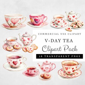 Chá de Dia dos Namorados em aquarela, bule de chá, biscoitos e corações clipart, 18 PNGs com fundo transparente, download digital para uso comercial