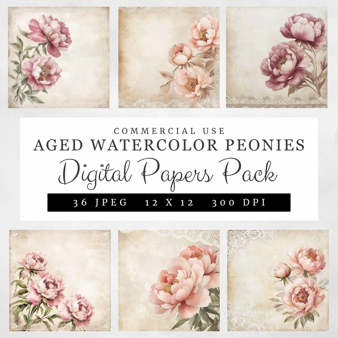 Aged Watercolor Peonies Digital Paper Pack, 36 Vintage Floral Pages ...