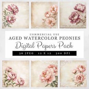 Verouderde aquarelpioenrozen digitaal papierpakket, 36 vintage bloemenpagina's met roze en perzikkleurige pioenrozen, 12 x 12 plakboek en junk-journaalpapier