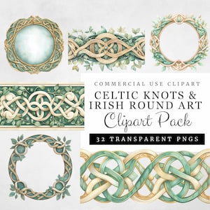 Celtic Knots Borders & Irish Round Art Clipart for St. Patrick&#39;s Day, Irish Symbols 32 Transparent PNGs, Digital Download for Commercial Use