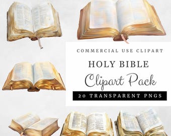 Holy Bible Clipart Pack, 20 Watercolor Open Bible Transparent PNGs, Faith-Based Digital Art, Christian Graphics, High-Res Commercial Use