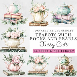 Teekannen mit Büchern und Perlen Fussy Cuts - 22 JPEGs & PDF-Format, Floral Tea Time Ephemera, Aquarell Junk Journal, mit und ohne Schein