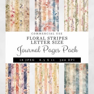 Páginas de diario con rayas florales, 18 hojas imprimibles en pastel tamaño carta, fondos de rayas florales vintage coloridos, 8,5 x 11 pulgadas, 300 DPI