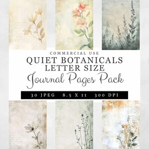 Páginas de diário Quiet Botanicals, 30 papéis botânicos envelhecidos, JPGs tamanho carta 8,5x11, fundos florais vintage para diários antigos
