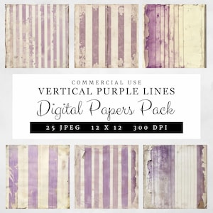 May include: A digital paper pack with 25 vertical purple lines on a white background. The papers are 12 inches by 12 inches and 300 DPI. The text "COMMERCIAL USE VERTICAL PURPLE LINES Digital Papers Pack 25 JPEG 12 X 12 300 DPI" is at the bottom of the image.