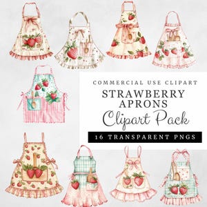 Clipart tabliers aux fraises, 16 PNG transparents aquarelles, décoration de cuisine de ferme, Images de cuisson rustique, haute résolution 300 DPI, usage Commercial