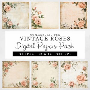 Paquet de papier numérique roses vintage, 30 pages florales vieillies avec roses pêche et écriture délavée, arrière-plans de journal romantique 30 x 30 cm