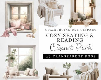 Puede incluir: Un paquete de clipart digital con 39 ilustraciones acogedoras de asientos y lectura. Las ilustraciones incluyen sillones, sofás, ventanas, mantas, almohadas y plantas. Las ilustraciones están en una paleta de colores cálidos y acogedores y son perfectas para crear escenas acogedoras y acogedoras.
