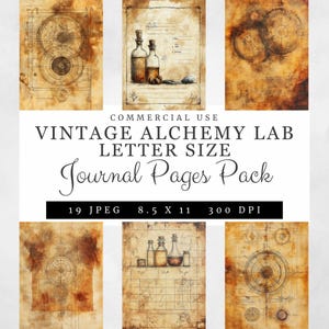 Páginas de diário de laboratório de alquimia vintage, 19 papéis tamanho carta envelhecidos de ciências e poções, imprimíveis de diário de lixo, álbum de recortes steampunk para uso comercial