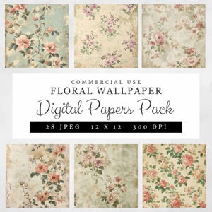 Pacote de papel de parede digital floral, 28 papéis digitais florais manchados de café envelhecidos, fundos vintage de 12x12" para scrapbooking e artesanato