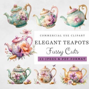 May include: A set of 22 digital clipart images of elegant teapots with floral designs. The teapots are in various colors, including blue, green, pink, and white. The teapots are decorated with flowers, leaves, and lace. The images are in JPEG and PDF format.  COMMERCIAL USE CLIPART. ELEGANT TEAPOTS. Fussy Cuts. 22 JPEGS & PDF FORMAT.