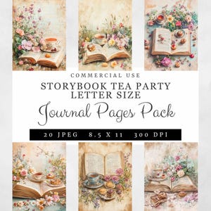 Páginas de diario para fiestas de té, 20 páginas tamaño carta, libro abierto vintage e ilustraciones de té, papeles florales imprimibles con acuarela, 8,5 x 11, 300 DPI