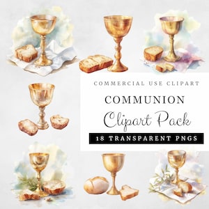 May include: Watercolor clipart pack of 18 transparent PNGs featuring gold chalices and bread, perfect for communion or religious themed projects.  The text "COMMERCIAL USE CLIPART COMMUNION Clipart Pack 18 TRANSPARENT PNGS" is included in the image.