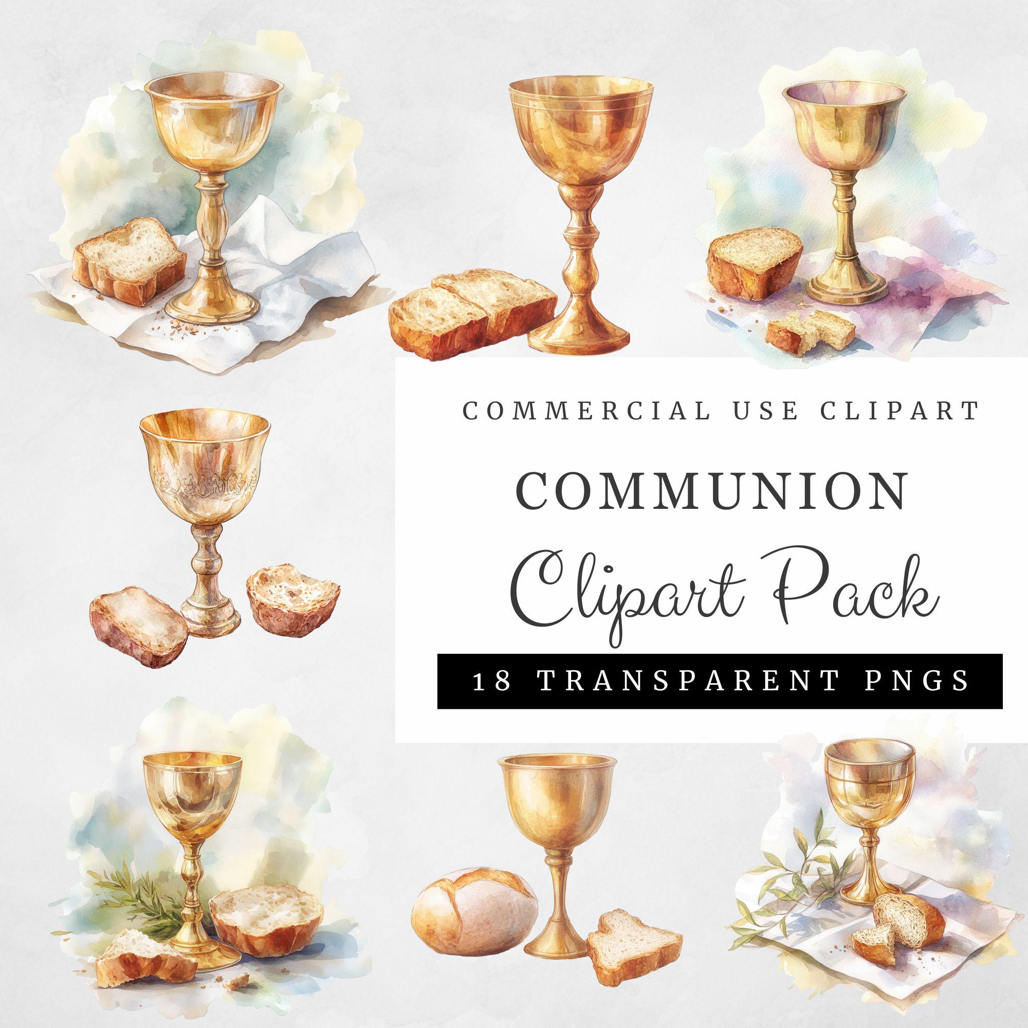 Communion Clipart Pack, 18 Watercolor Chalice and Bread Transparent ...