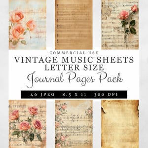 Vintage Noten & Rosen Journal Seiten, 46 florale Musikpapiere im US-Letter-Format, Junk Journal Kit, gealtertes Papier Hintergründe 8,5 x 11, 300 DPI