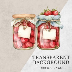 May include: Two glass jars filled with red strawberries, tied with twine and a blue and white patterned fabric. Each jar has a blank white label.