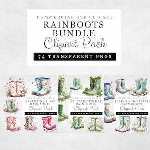 Pacote de clipart de botas de chuva sazonais, 74 PNGs transparentes para o Dia dos Namorados, Dia de São Patrício e download digital da primavera, Wellingtons