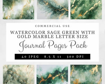 Sage Green & Gold Marble Watercolor Journal Papers, 40 Letter Size JPGs Elegant Textured Digital Backgrounds High-Res 300 DPI Commercial Use