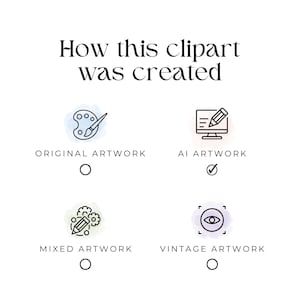 May include: A graphic with four icons representing different ways to create clipart. The first icon is a paintbrush and palette, representing original artwork. The second icon is a computer screen with a pencil, representing AI artwork. The third icon is a pencil and gears, representing mixed artwork. The fourth icon is an eye inside a square, representing vintage artwork. The icons are checked or unchecked to indicate the type of artwork.