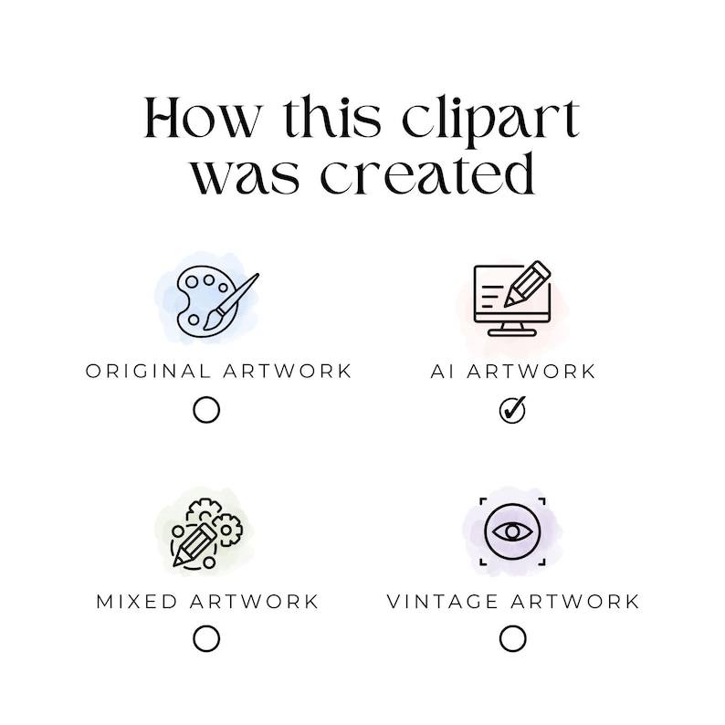 May include: A graphic with four icons representing different ways to create clipart. The first icon is a paintbrush and palette, representing original artwork. The second icon is a computer screen with a pencil, representing AI artwork. The third icon is a pencil and gears, representing mixed artwork. The fourth icon is an eye inside a square, representing vintage artwork. The icons are checked or unchecked to indicate the type of artwork.