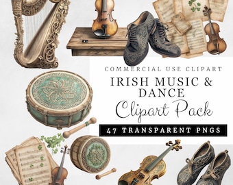 Irish Music & Dance Clipart, Fiddles, Harps, Irish Dance Shoes Celtic, St. Patrick's Day 35 Transparent PNGs Digital Download Commercial Use