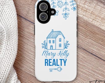 Custom Real Estate Phone Case White Blue Floral House Design Coquette Bow Personalized Realtor Business Agent Gift Logo Broker Gift Bulk
