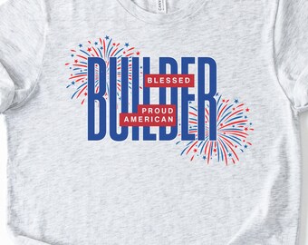 Builder Real Estate Patriotic 4th of July T-Shirt Faith Gift Tee House Plans & Fireworks