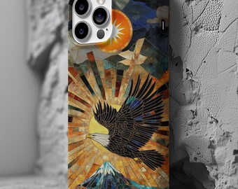 Custom Stained Glass Mosaic Bald Eagle Soaring Mountain Faith Sun Rays Phone Case iPhone 16 15 14 13 12 Pro Max Tough Case Pixel 7 8 S23 s24