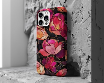Custom Stained Glass Roses Pattern Vibrant Jewel Tones Phone Case Floral Aesthetic iPhone 16 15 14 13 12 Pro Max Tough Case Pixel 8 S23 s24