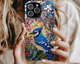 Stained Glass Blue Jay Phone Case: Bird Lover Gift