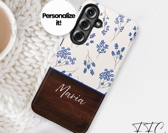 Personalized Floral Phone Case: Woodgrain Script Name, Elegant Gift