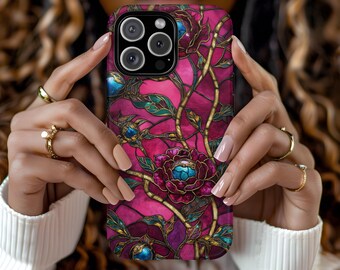 Floral Stained Glass Magenta Turquoise Aesthetic Phone Case iPhone 16 15 14 13 12 Pro Max Tough Case Samsung Pixel 8 S23 s24