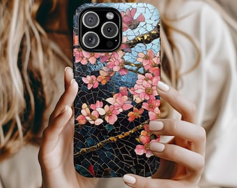 Custom Stained Glass Blue Cherry Blossom Blue Gold Phone Case Aesthetic iPhone 16 15 14 13 12 Pro Max Tough Case Samsung Pixel 8 S23 s24