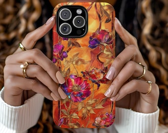 Floral Stained Glass Pink Orange Aesthetic Phone Case iPhone 16 15 14 13 12 Pro Max Tough Case Samsung Pixel 8 S23 s24