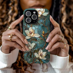Magnolia Floral Artistic Stained Glass Peach Pearl Aesthetic Phone Case iPhone 16 15 14 13 12 Pro Max Tough Case Samsung Pixel 8 S23 s24