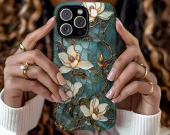Magnolia Floral Artistic Stained Glass Peach Pearl Aesthetic Phone Case iPhone 16 15 14 13 12 Pro Max Tough Case Samsung Pixel 8 S23 s24