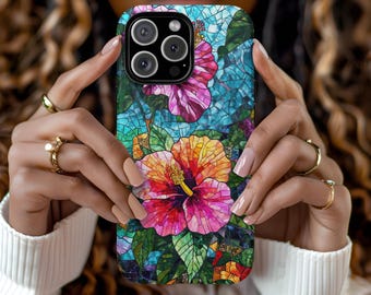 Stained Glass Hibiscus Floral Phone Case: Jewel Tone Mosaic