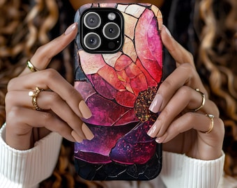 Custom Stained Glass Roses Crystal Vibrant Jewel Tones Phone Case Floral Aesthetic iPhone 16 15 14 13 12 Pro Max Tough Case Pixel 8 S23 s24