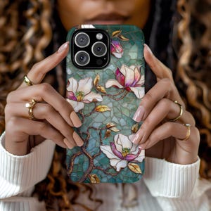 Floral Magnolia Artistic Stained Glass Pink Gold Jade Aesthetic Phone Case iPhone 16 15 14 13 12 Pro Max Tough Case Samsung Pixel 8 S23 s24