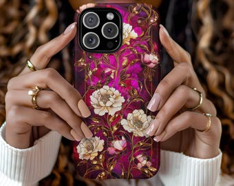 Floral Vines Artistic Stained Glass Pink Magenta Aesthetic Phone Case iPhone 16 15 14 13 12 Pro Max Tough Case Samsung Pixel 8 S23 s24