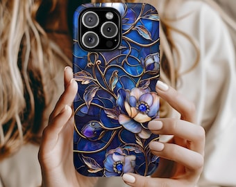 Peony Floral Artistic Stained Glass Blue Purple Aesthetic Phone Case iPhone 16 15 14 13 12 Pro Max Tough Case Samsung Pixel 8 S23 s24